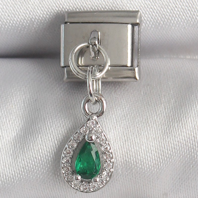 316L Çelik Gümüş Renk Sallantı Yeşil Zirkon Taşlı Damla Model Nomination Charm