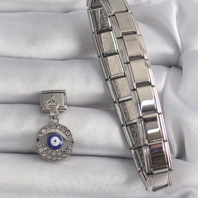 316L Çelik Gümüş Renk Sallantı Zirkon Taşlı Göz Model Nazar Boncuk Detay Nomination Charm