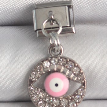 316L Çelik Gümüş Renk Sallantı Zirkon Taşlı Pembe Göz Model Nomination Charm
