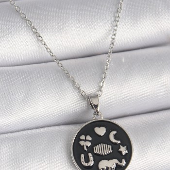 316L Çelik Gümüş Renk Siyah Renk Şans Kolyesi