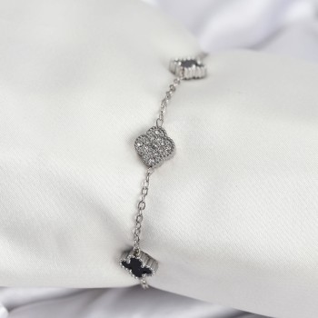 316L Çelik Gümüş Renk Siyah ve Zirkon Taşlı Baby Boy Yonca Kadın Bileklik