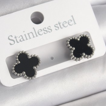316L Çelik Gümüş Renk Siyah Yonca Model Kadın Küpe