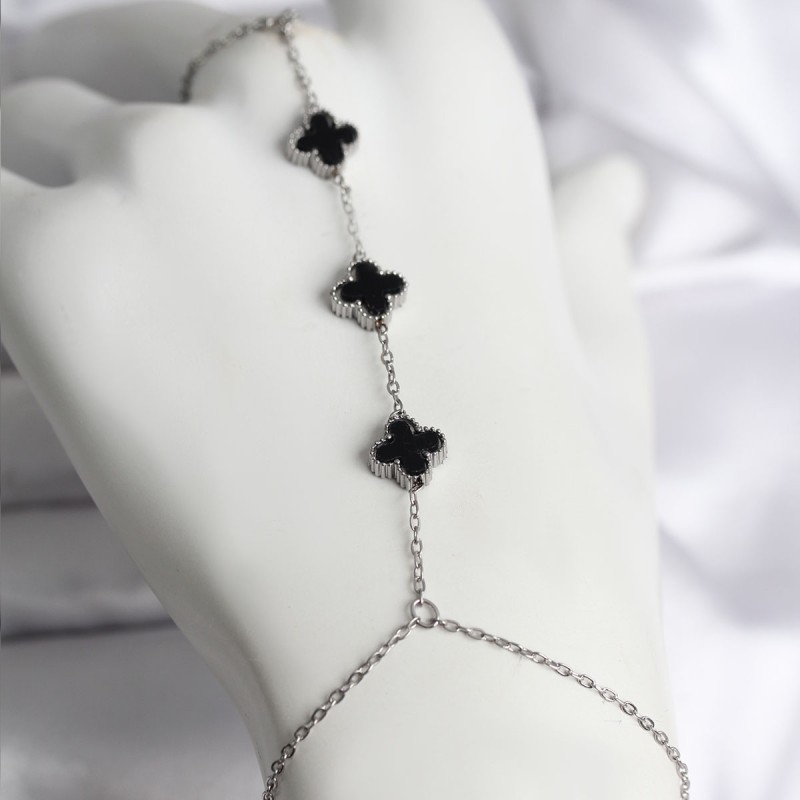 316L Çelik Gümüş Renk Siyah Yonca Model Kadın Şahmeran