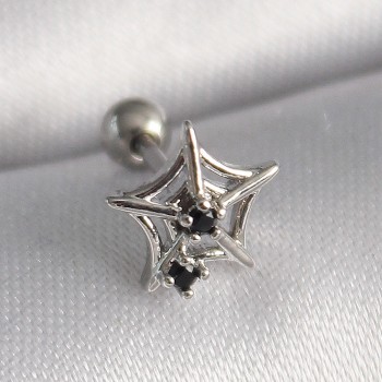 316L Çelik Gümüş Renk Siyah Zirkon Taş Detay Örümcek Ağ Model Tragus Piercing