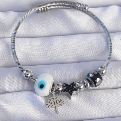 316L Çelik Gümüş Renk Siyah Zirkon Taşlı Yıldız Tasarımlı Ağaç Detay Nazarlı Charm Bileklik