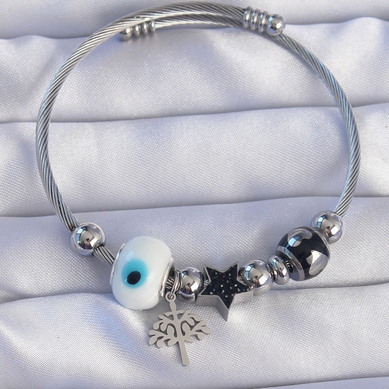 316L Çelik Gümüş Renk Siyah Zirkon Taşlı Yıldız Tasarımlı Ağaç Detay Nazarlı Charm Bileklik