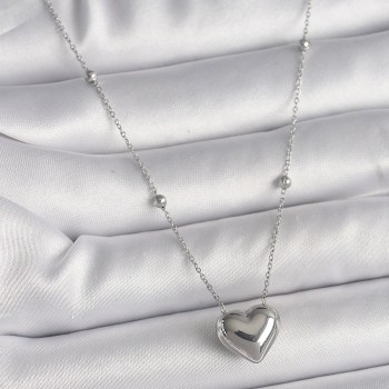 316L Çelik Gümüş Renk Topçuk Detay Zincir Kalp Model Kadın Kolye