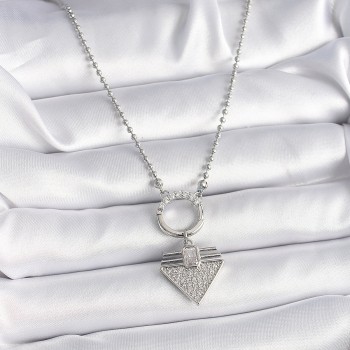 316L Çelik Gümüş Renk Topçuk Zincir Zirkon Taşlı Üçgen Model Kadın Kolye