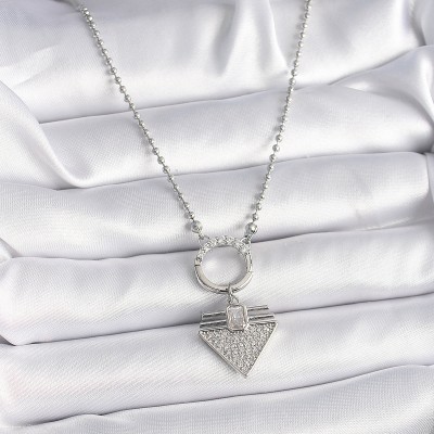 316L Çelik Gümüş Renk Topçuk Zincir Zirkon Taşlı Üçgen Model Kadın Kolye