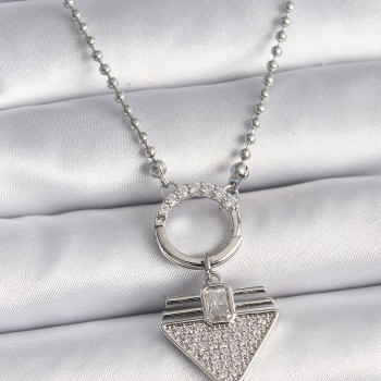 316L Çelik Gümüş Renk Topçuk Zincir Zirkon Taşlı Üçgen Model Kadın Kolye