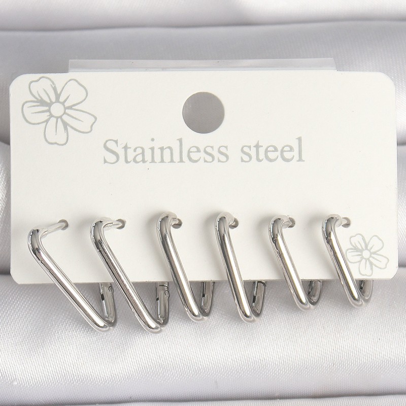 316L Çelik Gümüş Renk Üçgen Model Kadın Küpe Seti