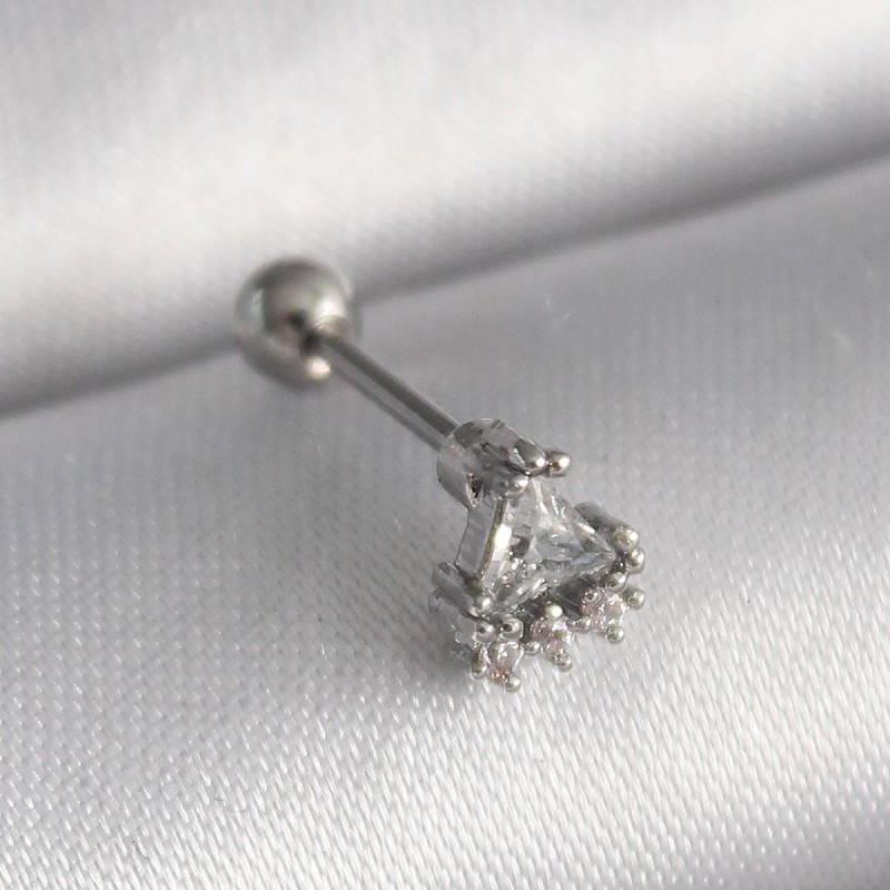 316L Çelik Gümüş Renk Üçgen Zirkon Taşlı Tragus Piercing