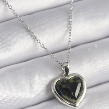 316L Çelik Gümüş Renk Yeşil Mineli Kalp Model Kadın Kolye