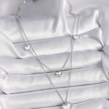 316L Çelik Gümüş Renk Zincir 2'Li Zincir Kalp Model Kadın Kolye