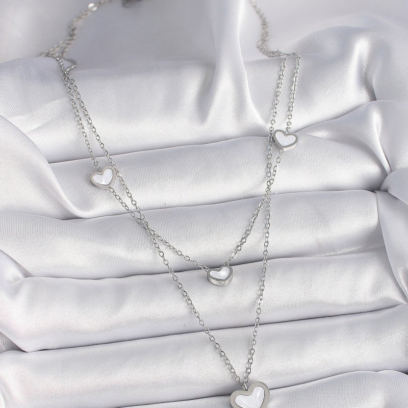316L Çelik Gümüş Renk Zincir 2'Li Zincir Kalp Model Kadın Kolye
