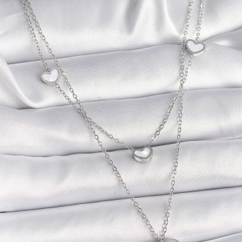 316L Çelik Gümüş Renk Zincir 2'Li Zincir Kalp Model Kadın Kolye