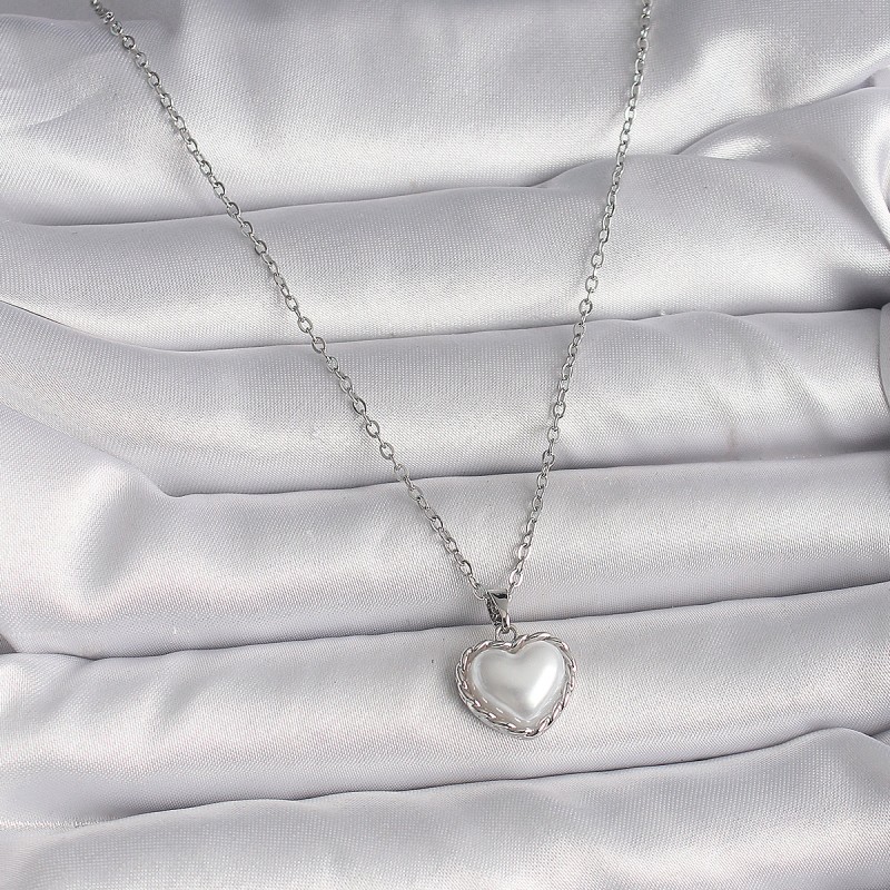 316L Çelik Gümüş Renk Zincir 3D İnci Kalp Model Kadın Kolye