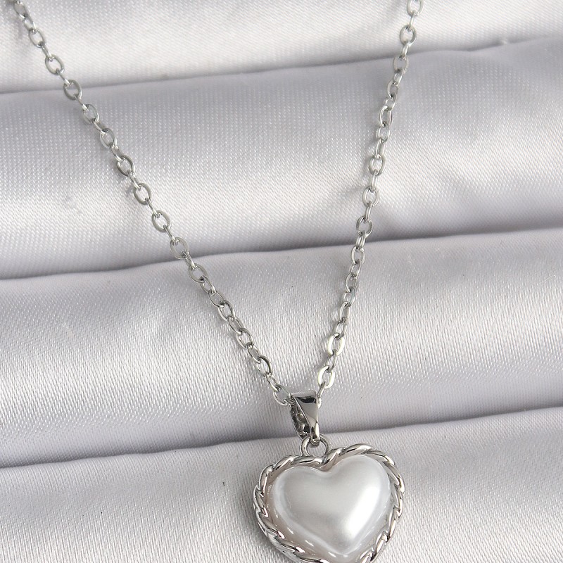 316L Çelik Gümüş Renk Zincir 3D İnci Kalp Model Kadın Kolye