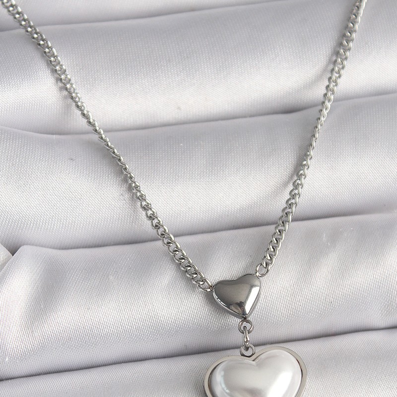 316L Çelik Gümüş Renk Zincir 3D Kalp Model Kadın Kolye