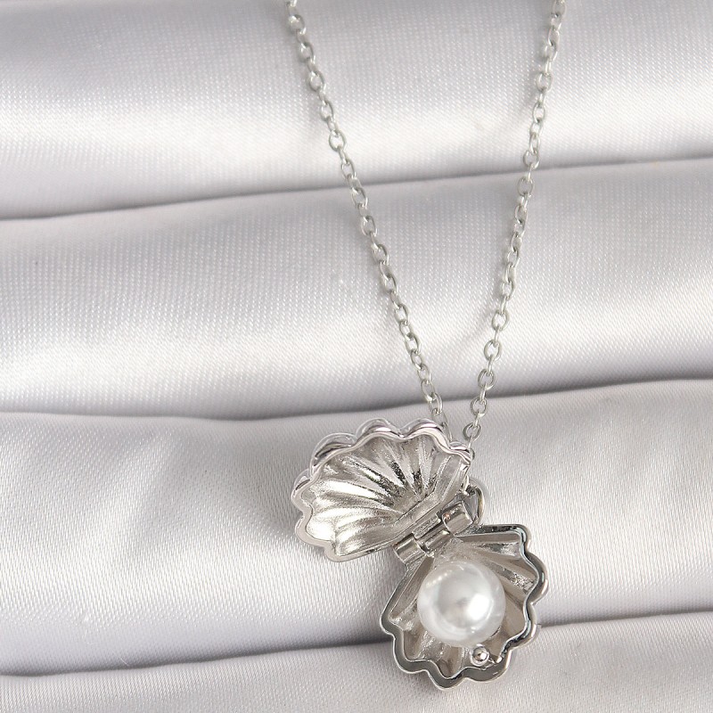 316L Çelik Gümüş Renk Zincir Açılır İncili Midye Model Kadın Kolye