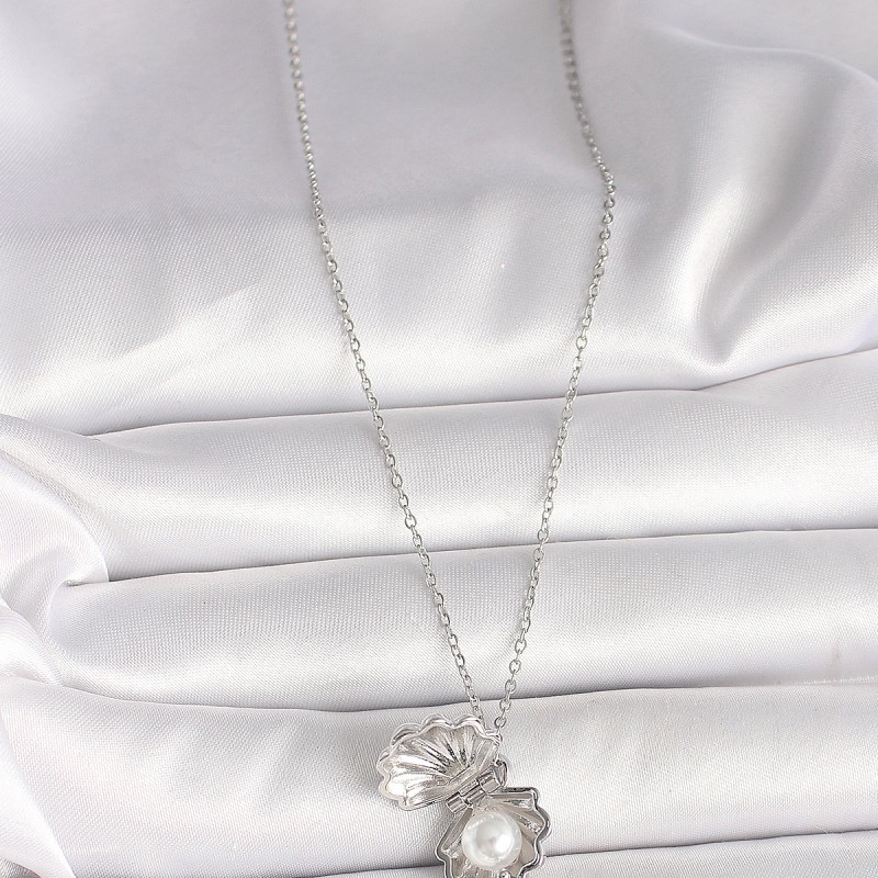 316L Çelik Gümüş Renk Zincir Açılır İncili Midye Model Kadın Kolye