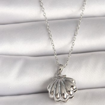 316L Çelik Gümüş Renk Zincir Açılır İncili Midye Model Kadın Kolye