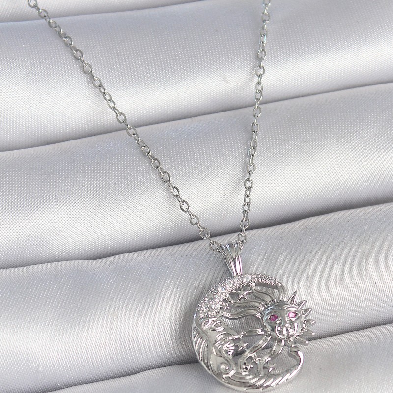 316L Çelik Gümüş Renk Zincir Ay Güneş Model Zirkon Taş Detay Kadın Kolye