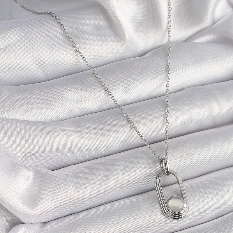 316L Çelik Gümüş Renk Zincir Beyaz Kedi Göz Model Kadın Kolye