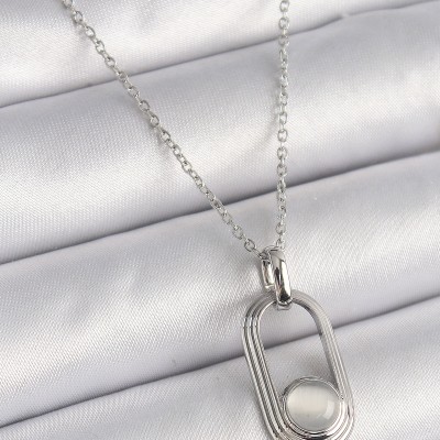 316L Çelik Gümüş Renk Zincir Beyaz Kedi Göz Model Kadın Kolye