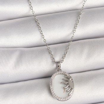 316L Çelik Gümüş Renk Zincir Beyaz Mineli Gün Batımı Model Zirkon Taş Detaylı Kadın Kolye