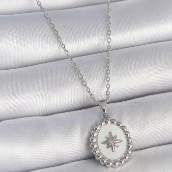 316L Çelik Gümüş Renk Zincir Beyaz Mineli Kutup Yıldız İşlemeli Madalyon Model Kadın Kolye