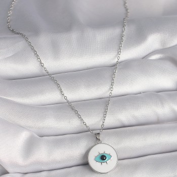 316L Çelik Gümüş Renk Zincir Beyaz Mineli Turkuaz Göz İşleme Model Kadın Kolye