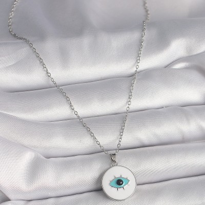 316L Çelik Gümüş Renk Zincir Beyaz Mineli Turkuaz Göz İşleme Model Kadın Kolye