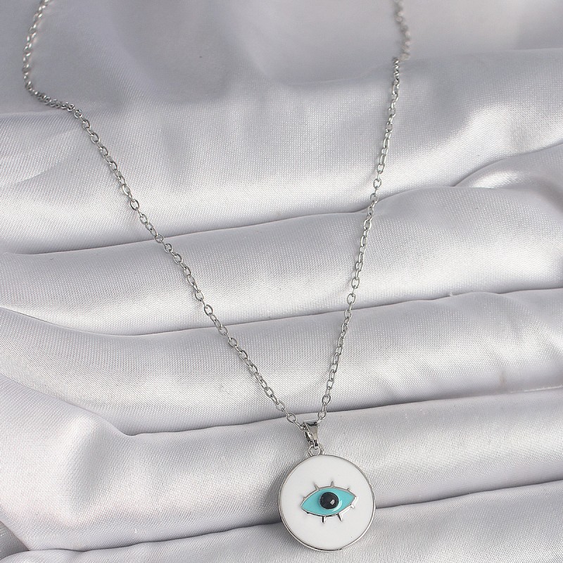 316L Çelik Gümüş Renk Zincir Beyaz Mineli Turkuaz Göz İşleme Model Kadın Kolye