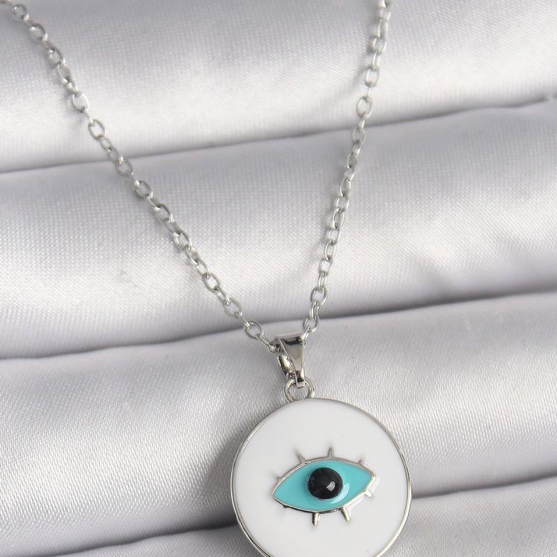316L Çelik Gümüş Renk Zincir Beyaz Mineli Turkuaz Göz İşleme Model Kadın Kolye