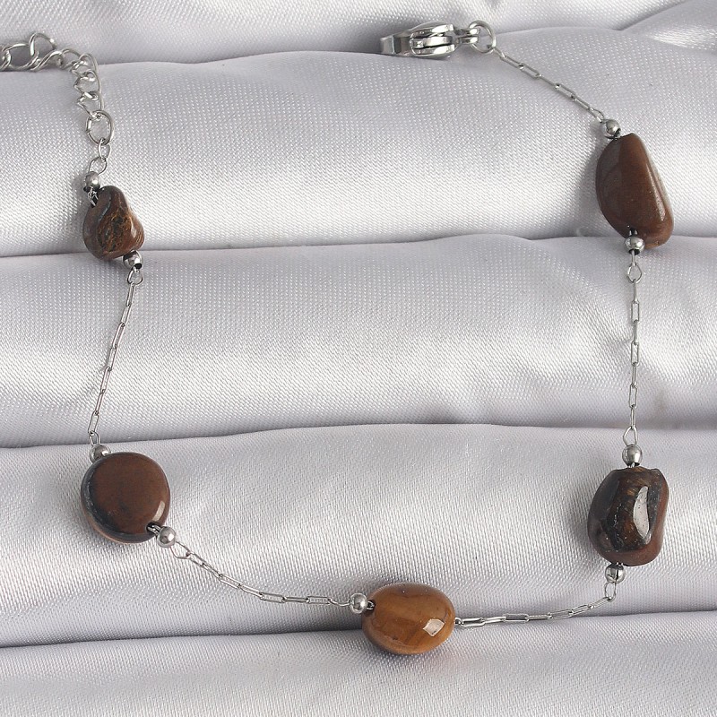 316L Çelik Gümüş Renk Zincir Kahverengi Doğaltaş Model Kadın Bileklik