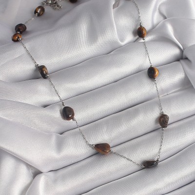 316L Çelik Gümüş Renk Zincir Kahverengi Doğaltaş Model Kadın Kolye