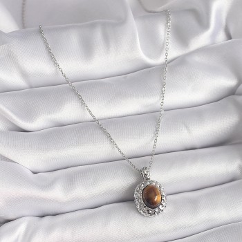 316L Çelik Gümüş Renk Zincir Kehribar Boncuk Model Kadın Kolye