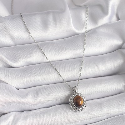 316L Çelik Gümüş Renk Zincir Kehribar Boncuk Model Kadın Kolye