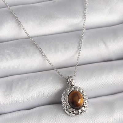 316L Çelik Gümüş Renk Zincir Kehribar Boncuk Model Kadın Kolye