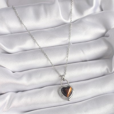 316L Çelik Gümüş Renk Zincir Kilit Kalp Kehribar Boncuk Model Kadın Kolye