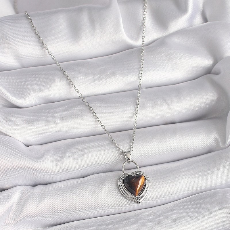 316L Çelik Gümüş Renk Zincir Kilit Kalp Kehribar Boncuk Model Kadın Kolye