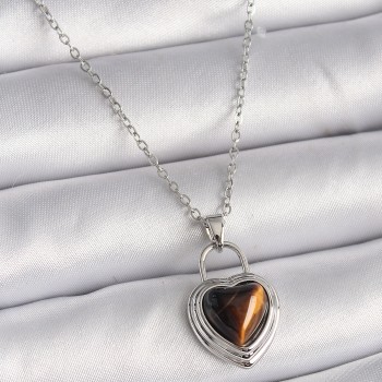 316L Çelik Gümüş Renk Zincir Kilit Kalp Kehribar Boncuk Model Kadın Kolye