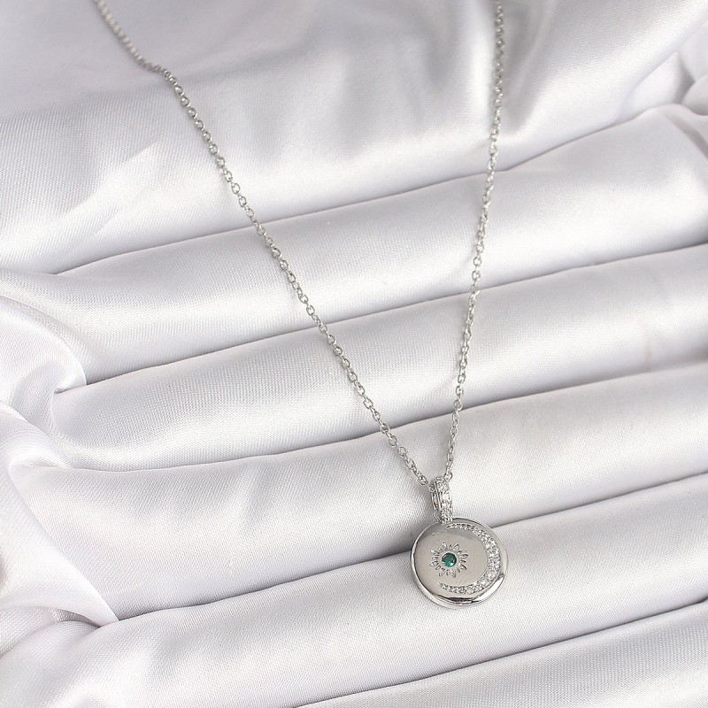 316L Çelik Gümüş Renk Zincir Madalyon Zirkon Taşlı İşlemeli Hilal Yıldız Model Kadın Kolye