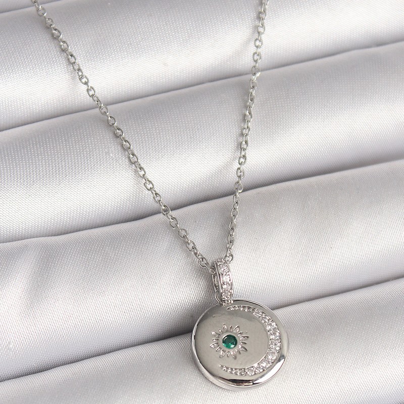 316L Çelik Gümüş Renk Zincir Madalyon Zirkon Taşlı İşlemeli Hilal Yıldız Model Kadın Kolye