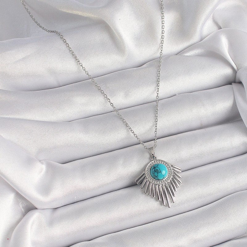 316L Çelik Gümüş Renk Zincir Mavi Boncuklu Zirkon Taşlı Kadın Kolye