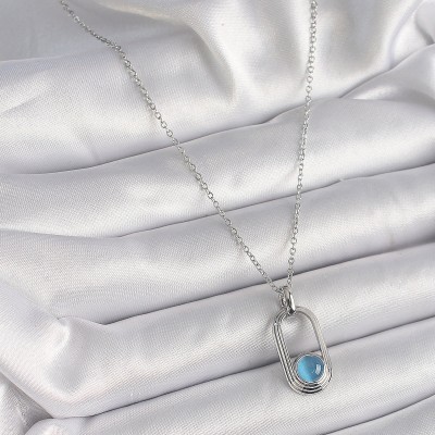 316L Çelik Gümüş Renk Zincir Mavi Kedi Göz Model Kadın Kolye