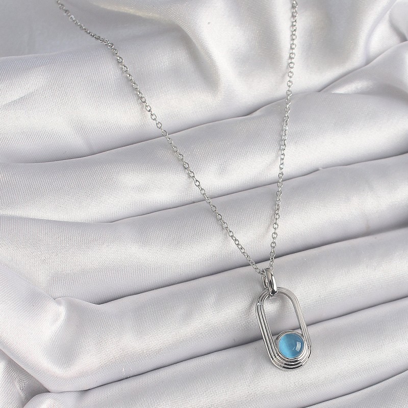 316L Çelik Gümüş Renk Zincir Mavi Kedi Göz Model Kadın Kolye