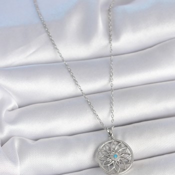 316L Çelik Gümüş Renk Zincir Mavi Taşlı Lotus Model Kadın Kolye