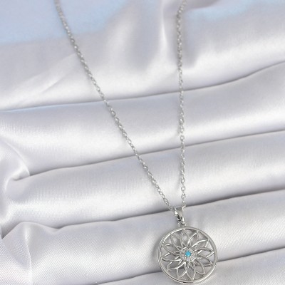 316L Çelik Gümüş Renk Zincir Mavi Taşlı Lotus Model Kadın Kolye